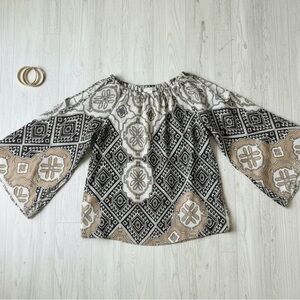 Chico’s Off-Shoulder Peasant Blouse | Boho Tribal Print | Size 0